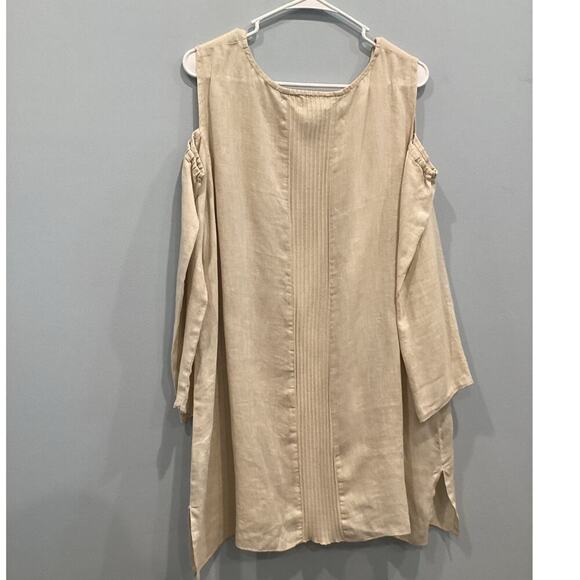 Fenini Women Cold Shoulder Linen Tunic Top L Large Beige Khaki Beachy Lagenlook - Picture 4 of 10